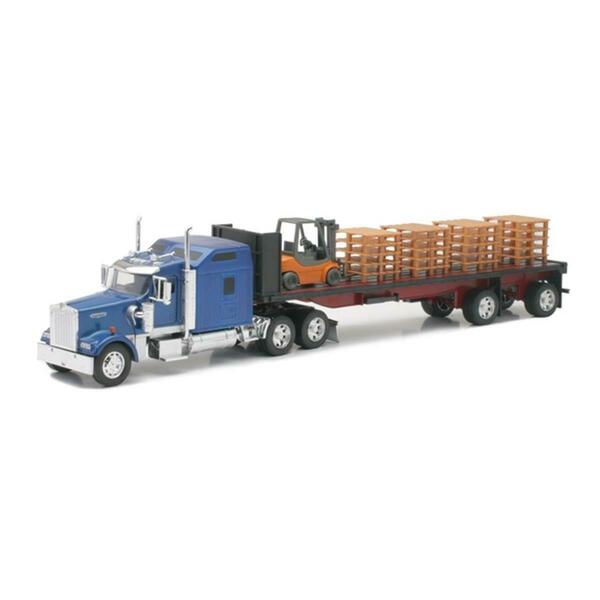 New-Ray Toys Kenworth Flatbed with Forklift and Pallet Long Hauler TOY TRUCK, 6PK SS-10263A